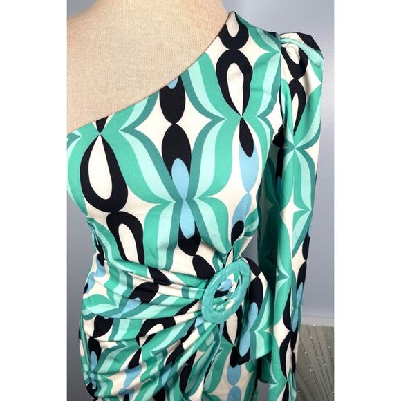 PatBO Twist One Shoulder Ruched Long Sleeve Belted Piscene Blue Mini Dress Sz 4 - Picture 6 of 10